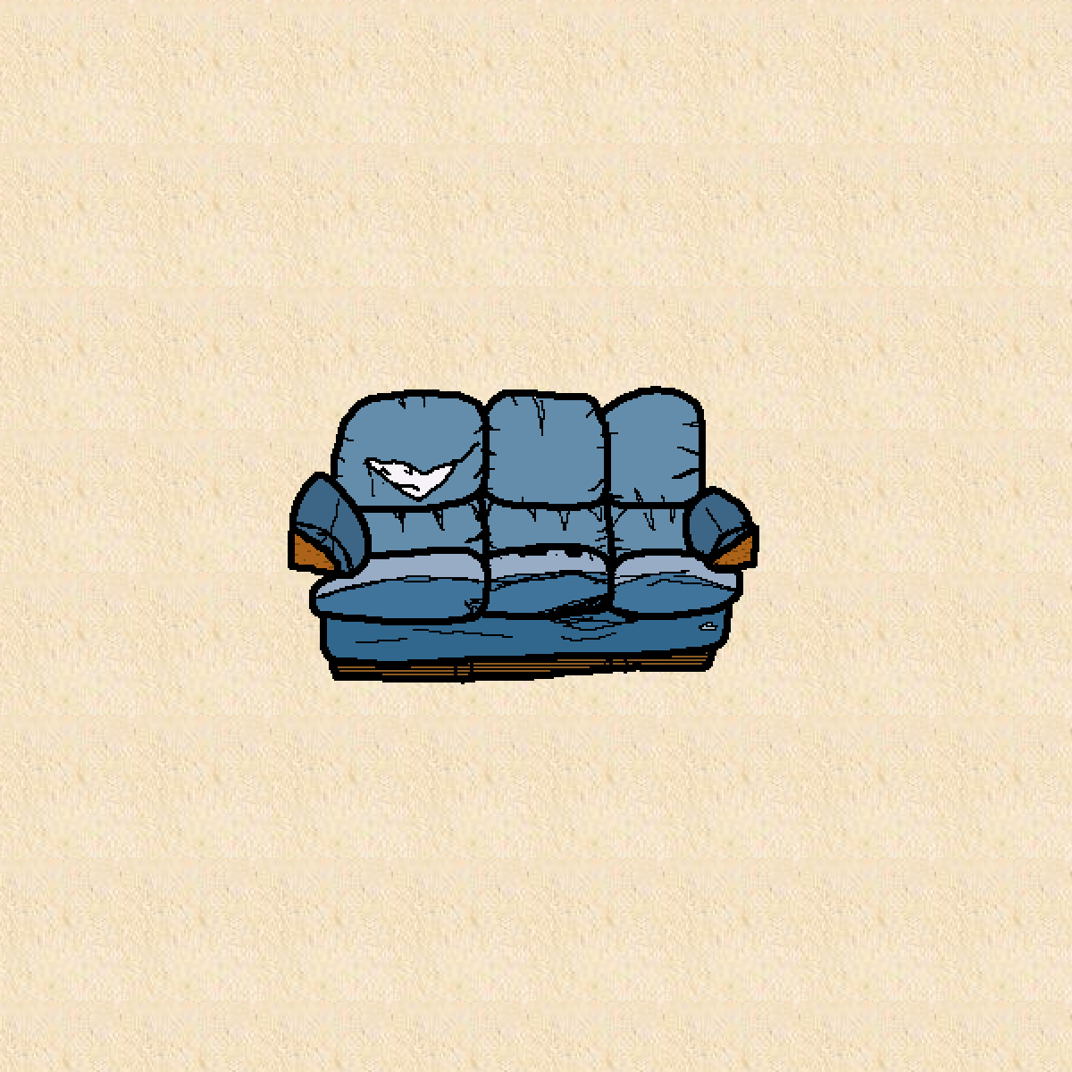 a microsoft paint drawing of a worn, blue couch.